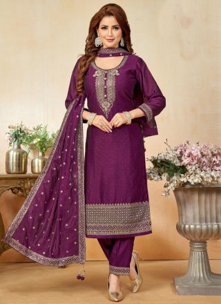 Purple Silk Embroidered Work Salwar Suit