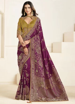 Purple Silk Fancy, Weaving and Zari Work Trendy Saree
