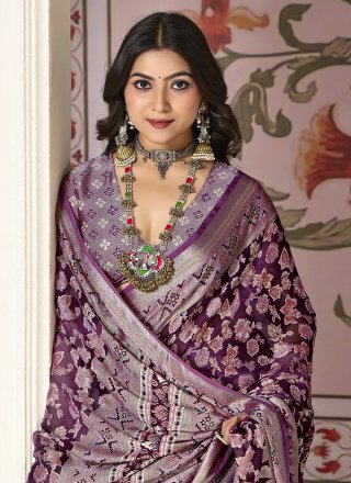 Purple Silk Floral Patch and Woven Work Trendy Saree for Women