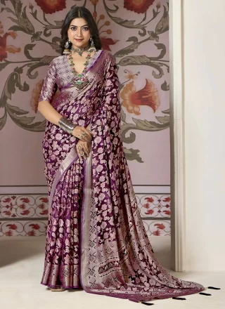 Purple Silk Floral Patch and Woven Work Trendy Saree for Women