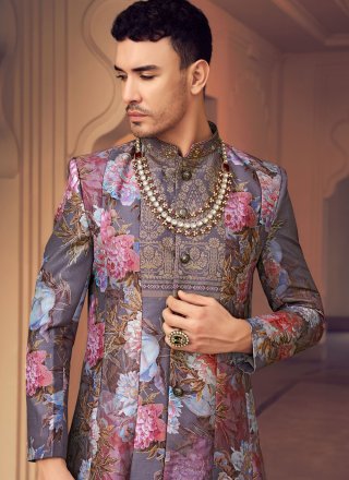 Purple Silk Foil Print and Hand Work Sherwani Mens Wear for Ceremonial