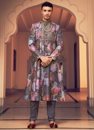 Purple Silk Foil Print and Hand Work Sherwani Mens Wear for Ceremonial