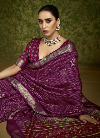 Purple Silk Foil Print Work Contemporary Sari