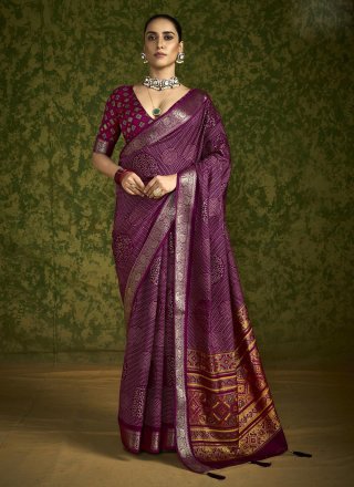 Purple Silk Foil Print Work Contemporary Sari