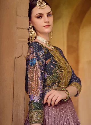 Purple Silk Gown with Embroidered, Foil Print, Sequins, Stone, Thread and Zari Work for Women