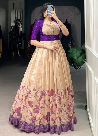 Purple Silk Gown with Print Work