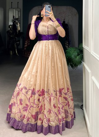 Purple Silk Gown with Print Work