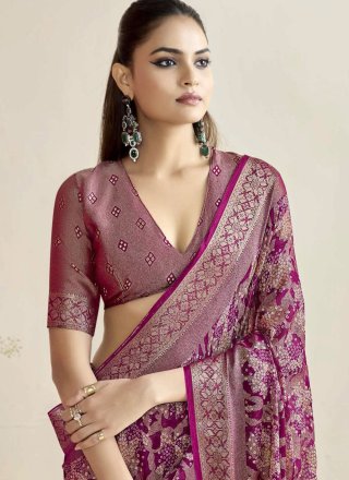 Purple Silk Jacquard and Print Work Classic Saree