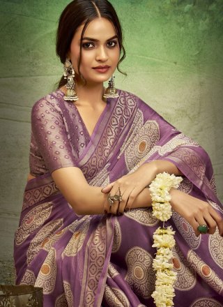 Purple Silk Jacquard and Print Work Classic Saree for Ceremonial