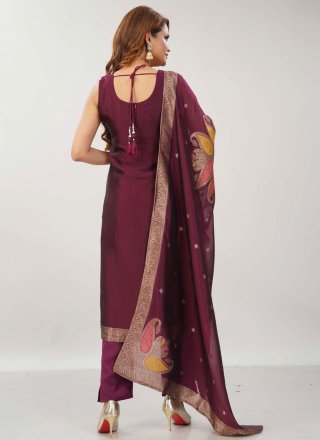 Purple Silk Jacquard, Machine Embroidery and Zari Work Readymade Salwar Suit for Ceremonial