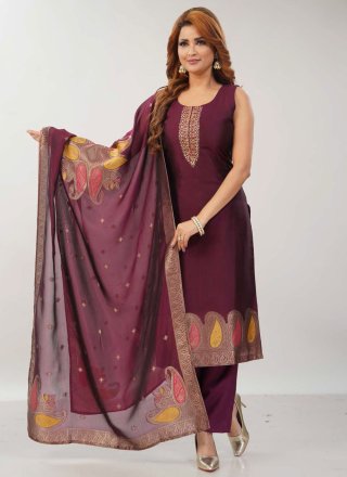 Purple Silk Jacquard, Machine Embroidery and Zari Work Readymade Salwar Suit for Ceremonial