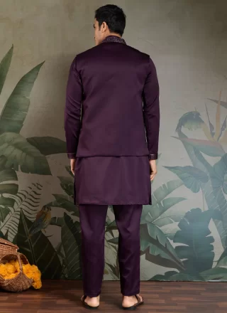 Purple Silk Kurta Payjama with Jacket with Embroidered, Mirror and Sequins Work