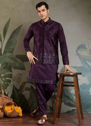 Purple Silk Kurta Payjama with Jacket with Embroidered, Mirror and Sequins Work