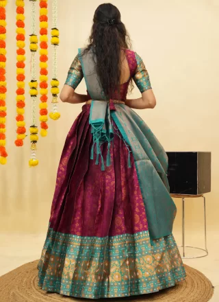 Purple Silk Lehenga Choli with Fancy, Print and Weaving Work