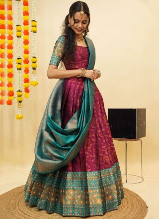 Purple Silk Lehenga Choli with Fancy, Print and Weaving Work