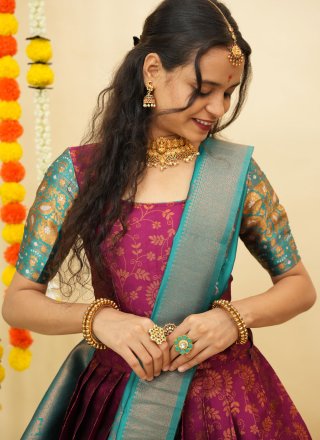 Purple Silk Lehenga Choli with Fancy, Print and Weaving Work