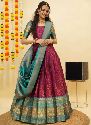 Purple Silk Lehenga Choli with Fancy, Print and Weaving Work