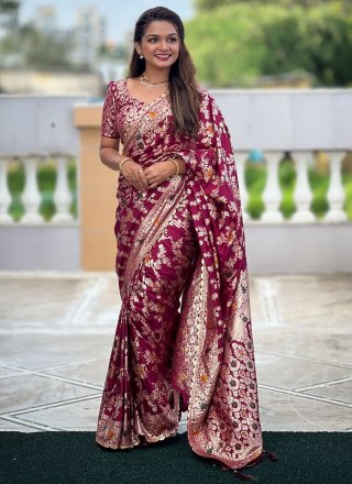 Purple Silk Meenakari, Weaving and Zari Work Traditional Saree