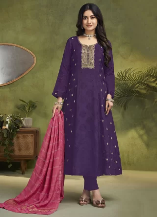 Purple Silk Pant Style Suit with Embroidered, Sequins and Zari Work