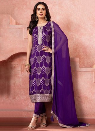 Purple Silk Pant Style Suit with Embroidered, Sequins and Zari Work for Festival