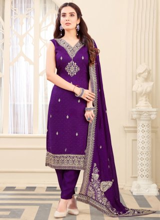 Purple Silk Pant Style Suit with Embroidered Work