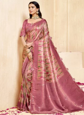 Purple Silk Patch Border, Lace, Multi, Print and Weaving Work Contemporary Saree