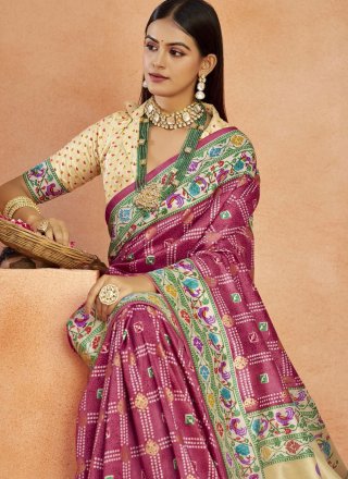 Purple Silk Print Work Classic Sari for Ceremonial