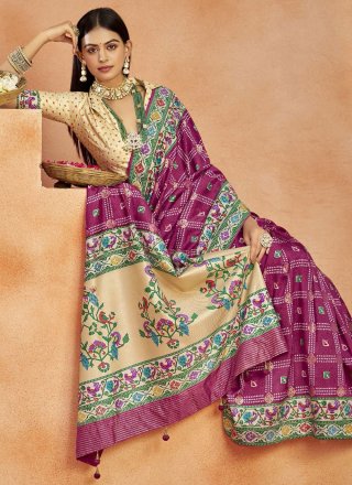 Purple Silk Print Work Traditional Saree