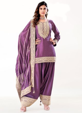 Purple Silk Salwar Suit with Embroidered and Zari Work for Women