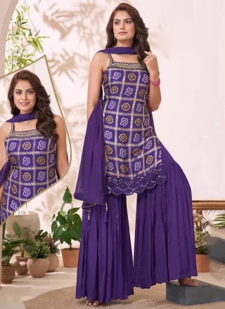 Purple Silk Salwar Suit with Embroidered, Print and Thread Work