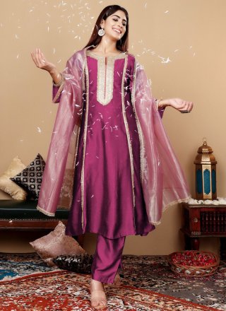 Purple Silk Salwar Suit with Patch Border Work