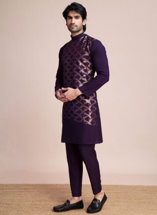 Purple Silk Sequins and Thread Work Kurta Mens Wear for Ceremonial
