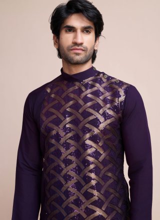 Purple Silk Sequins and Thread Work Kurta Mens Wear for Ceremonial