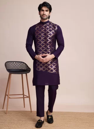 Purple Silk Sequins and Thread Work Kurta Mens Wear for Ceremonial