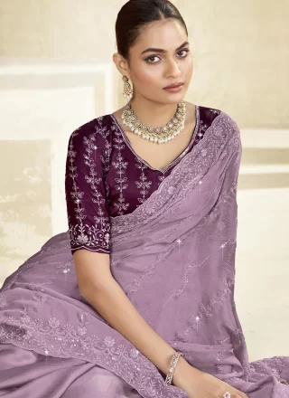 Purple Silk Traditional Saree with Cut, Embroidered and Sequins Work