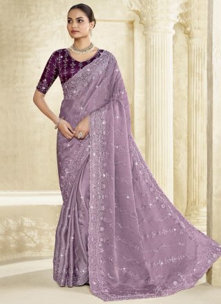 Purple Silk Traditional Saree with Cut, Embroidered and Sequins Work