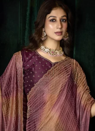 Purple Silk Trendy Saree with Beads, Patch Border and Thread Work
