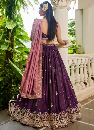 Purple Tissue A - Line Lehenga Choli with Embroidered, Fancy, Sequins and Zari Work