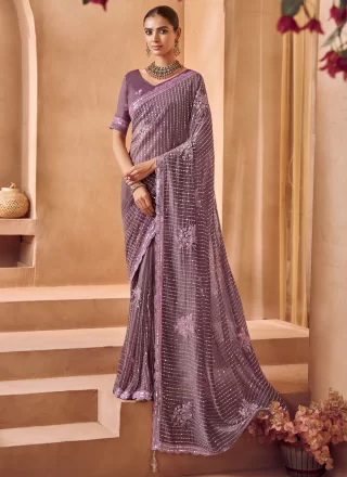 Purple Tissue Contemporary Saree with Beads, Cut, Embroidered, Sequins, Thread and Zari Work