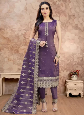 Purple Tissue Readymade Salwar Suit with Embroidered Work for Ceremonial