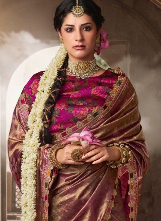 Purple Tissue Traditional Saree with Patch Border, Fancy, Jacquard and Lace Work