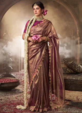 Purple Tissue Traditional Saree with Patch Border, Fancy, Jacquard and Lace Work