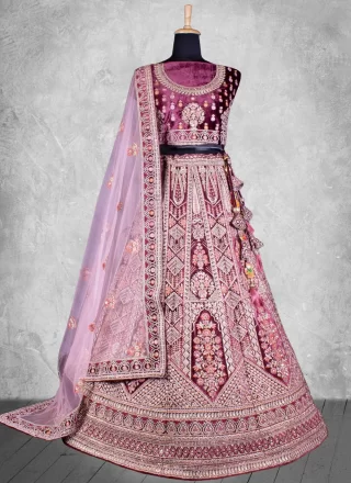 Purple Velvet Embroidered, Thread and Zari Work Lehenga Choli