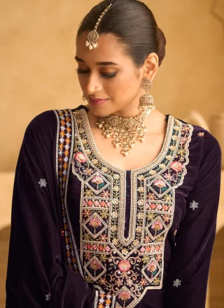 Purple Velvet Salwar Suit with Beads, Embroidered, Sequins and Zari Work for Ceremonial