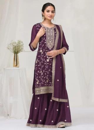 Purple Vichitra Silk Embroidered and Zari Work Palazzo Salwar Suit for Ceremonial
