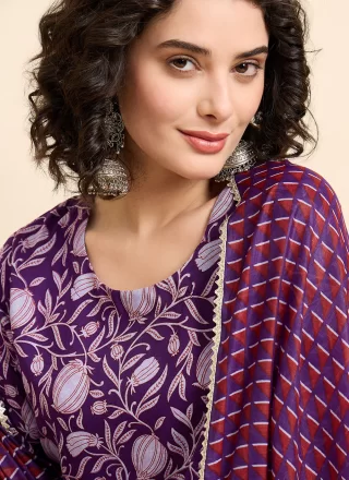 Purple Viscose Print Work Salwar Suit for Ceremonial