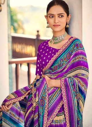 Purple Weight Less Contemporary Sari with Patch Border, Embroidered and Print Work