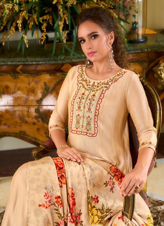 Radiant Beige Vichitra Silk Anarkali Suit with Embroidered and Hand Work