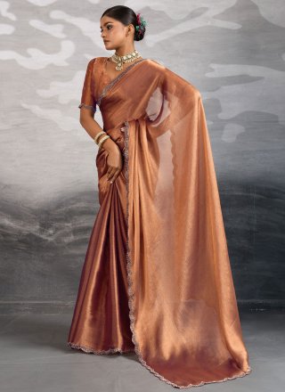 Radiant Rust Burburry Contemporary Sari with Patch Border, Cut Dana and Zircon Work