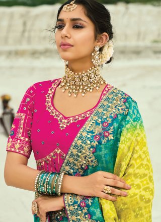 Rama and Yellow Pure Georgette Cut Dana, Embroidered, Fancy and Zari Work Bandhej Saree